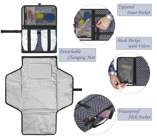 Portable Diaper Changing Pad - Premium Quality Travel Changing Station Kit - Entirely Padded Mat - Mesh and Zippered Pockets - Hassle-free Diapering ON THE GO! - Best of Baby Shower Gifts!-Dark Gray